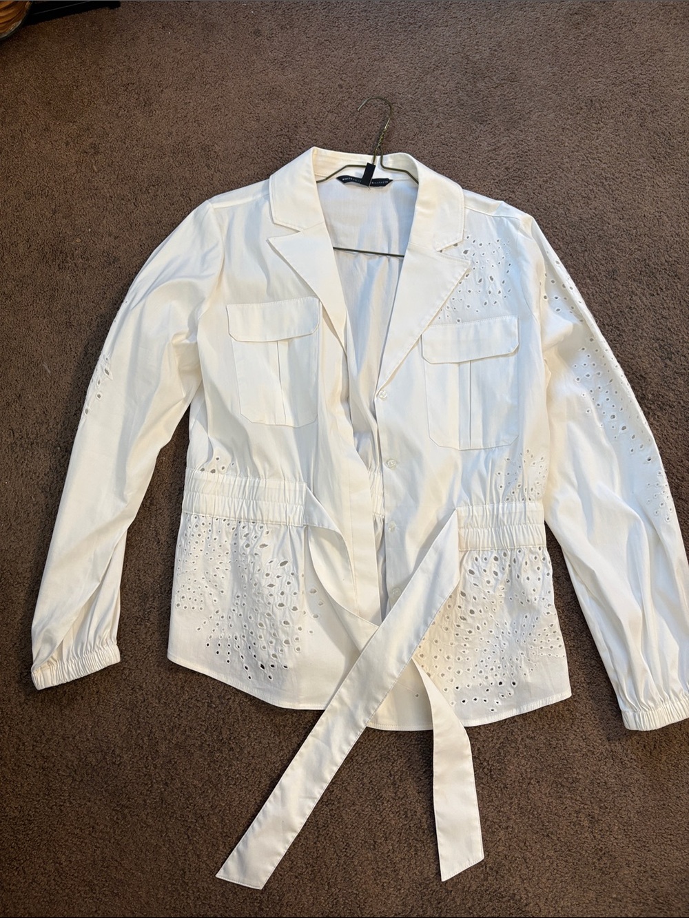White House Black Market White Eyelet Tie-Waist Blazer